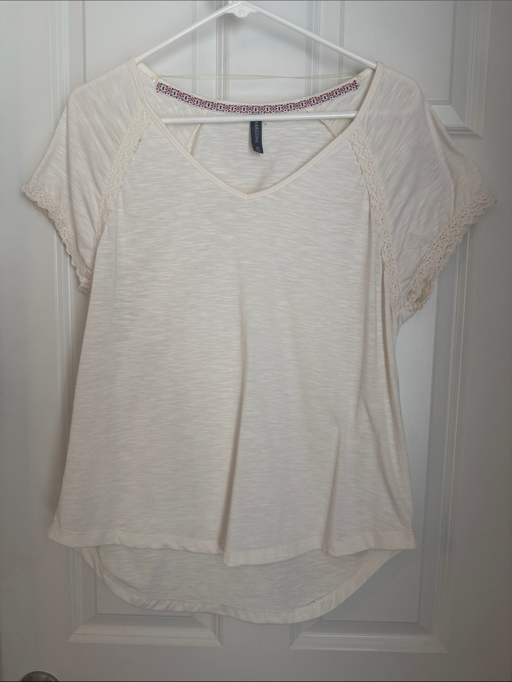 Massini Cream V-Neck Lace-Trim Short Sleeve Top
